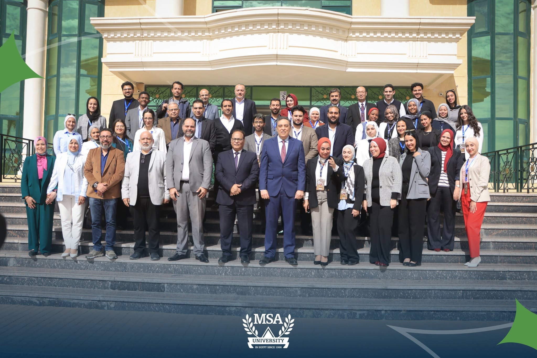 Dr. Hazem Ali, Founder and CEO of Skytells, in a group photo with MSA University's president, faculty members, and students